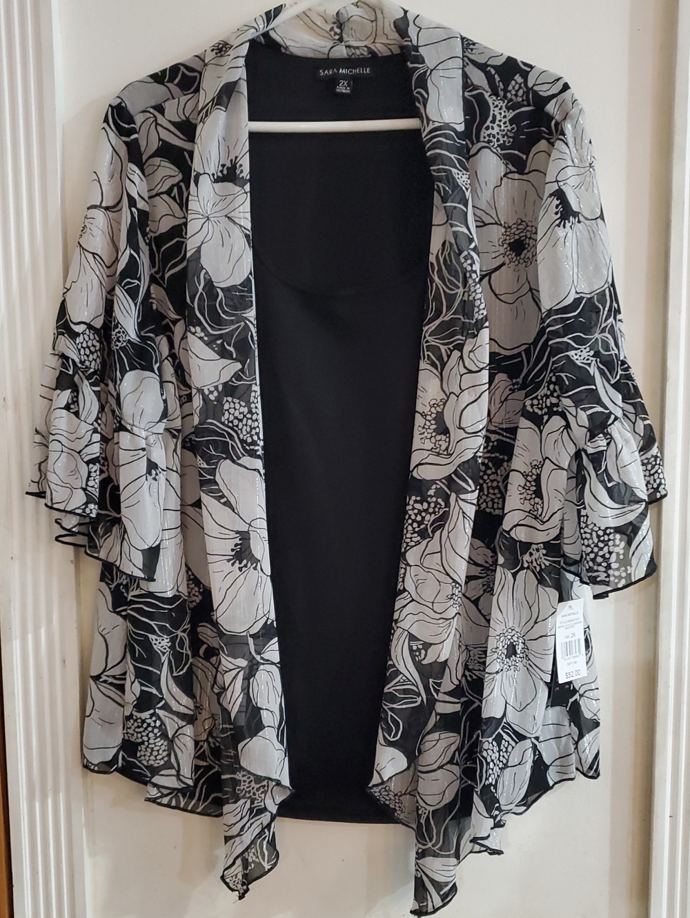 Sara Michelle Blouse Cardigan Size 2X Black Silver Shimmer Top All In One Ruffle